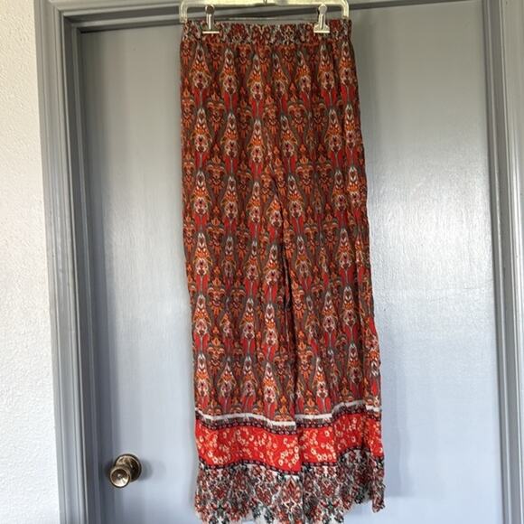 Luukse Brown Gold Floral Wide Leg Women's Pants sz Large Elastic Waist Boho - Picture 2 of 7